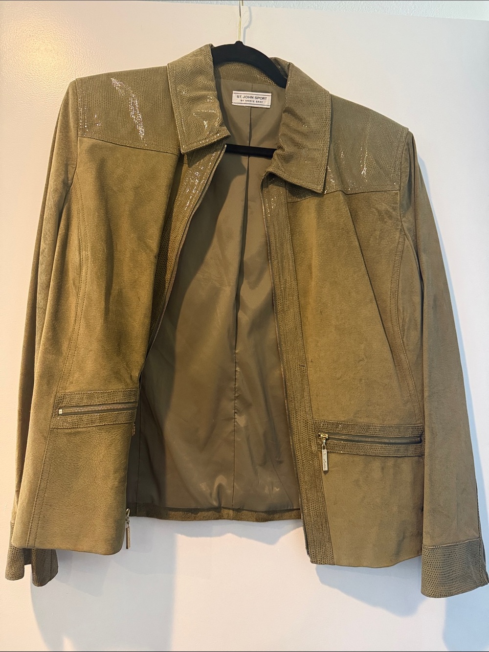 St. John Olive Green Suede Zip-Front Jacket